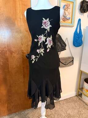Vintage Y2K Black Embroidered Rose Midi Dress Sheer Handkerchief Hem